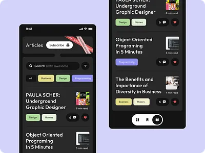 Education app / Articles app articles brutalism dark list minimalism night mode subcribe tags ui