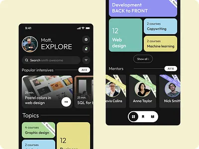 Education app / Dashboard app brutalism colorfull contrast courses dark minimalism mobile night mode pastel swiss ui