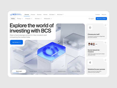 BCS Investment company website 3d animation clean design digital banking finance fintech home page homepage investing investment light product design ui user experience ux web web design website website design
