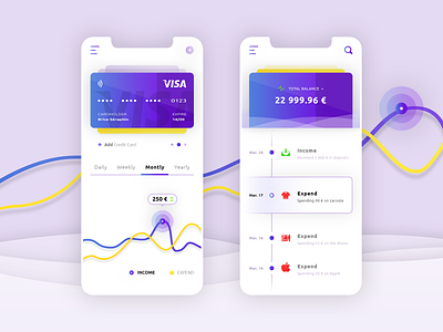 Payment app application apple ios android brand branding creativemarket seraphinbrice credit cards curves statistics graphics filters finance graphic design illustrator ai income expend payment photoshop psd print designer total balance typo typography ui ux designer € euros