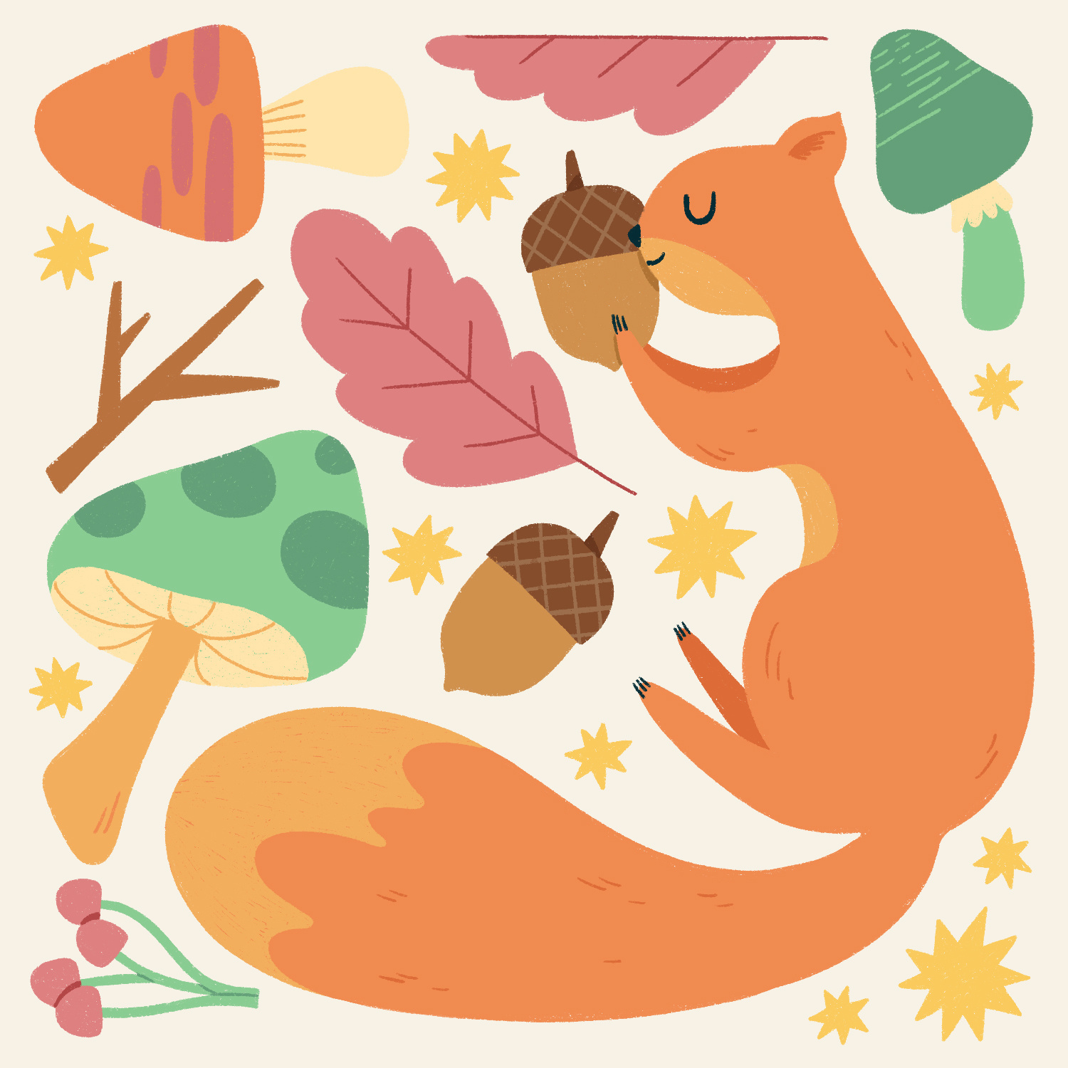 Cute Squirrel Welcomes Autumn acorn autumn colorful cute fall fun illustration kids magical mushrooms nature procreate seasonal squirrel youth