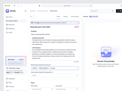 Writify - AI Cover Letter Generator ai ai assistant ai cover letter generator artificial intelligence career chat ai chatgpt copy ai cover letter cv dashboard generator navigation platform resume saas software ui ux web app