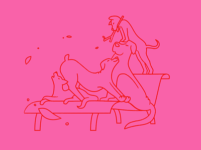When they all want the good chair animals chair character design contrast dog doggos dogs family home illustration outside pink red