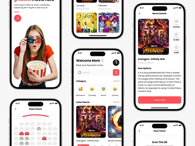 Movie Ticket Booking App UI Kit audience bollywood movie cinema clean design elegant hollywood movie minimal mobile app movie movie ticket booking premium theatre ui ui kit