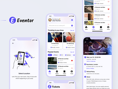 Eventor - An event discovery app app design event listing location map ticket trending typography ui ux venue
