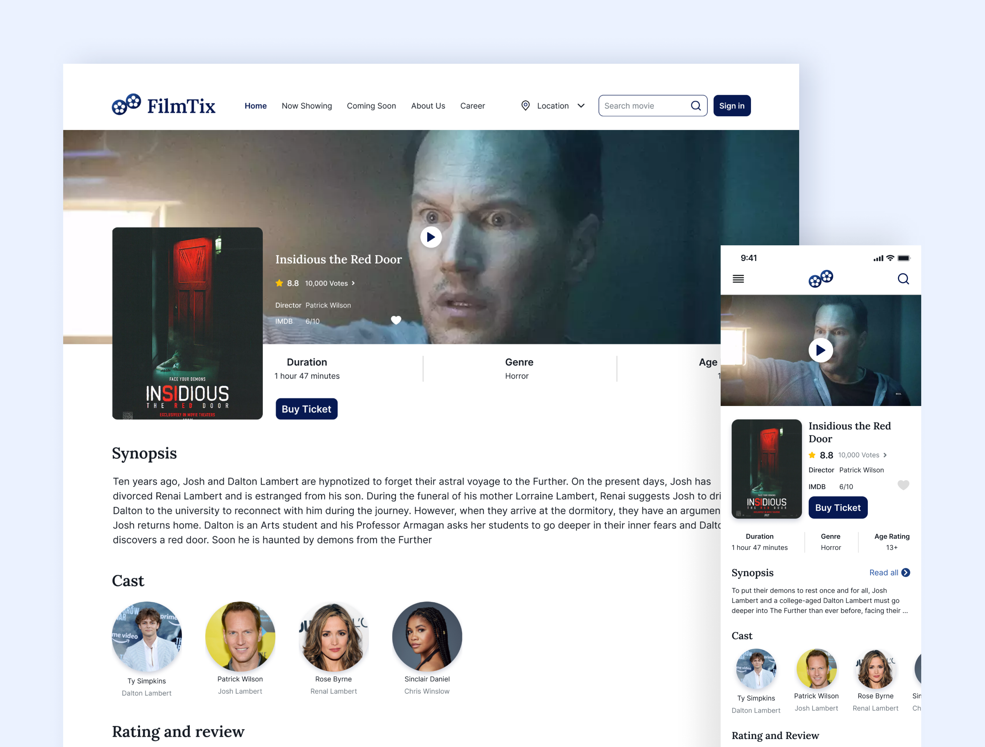 FilmTix - Responsive Website (Movie Details) 3d animation bioskop case study cinema desktop graphic design mobile motion graphics responsive responsive design ticket ticket online ui ui design ui uxx ux web website