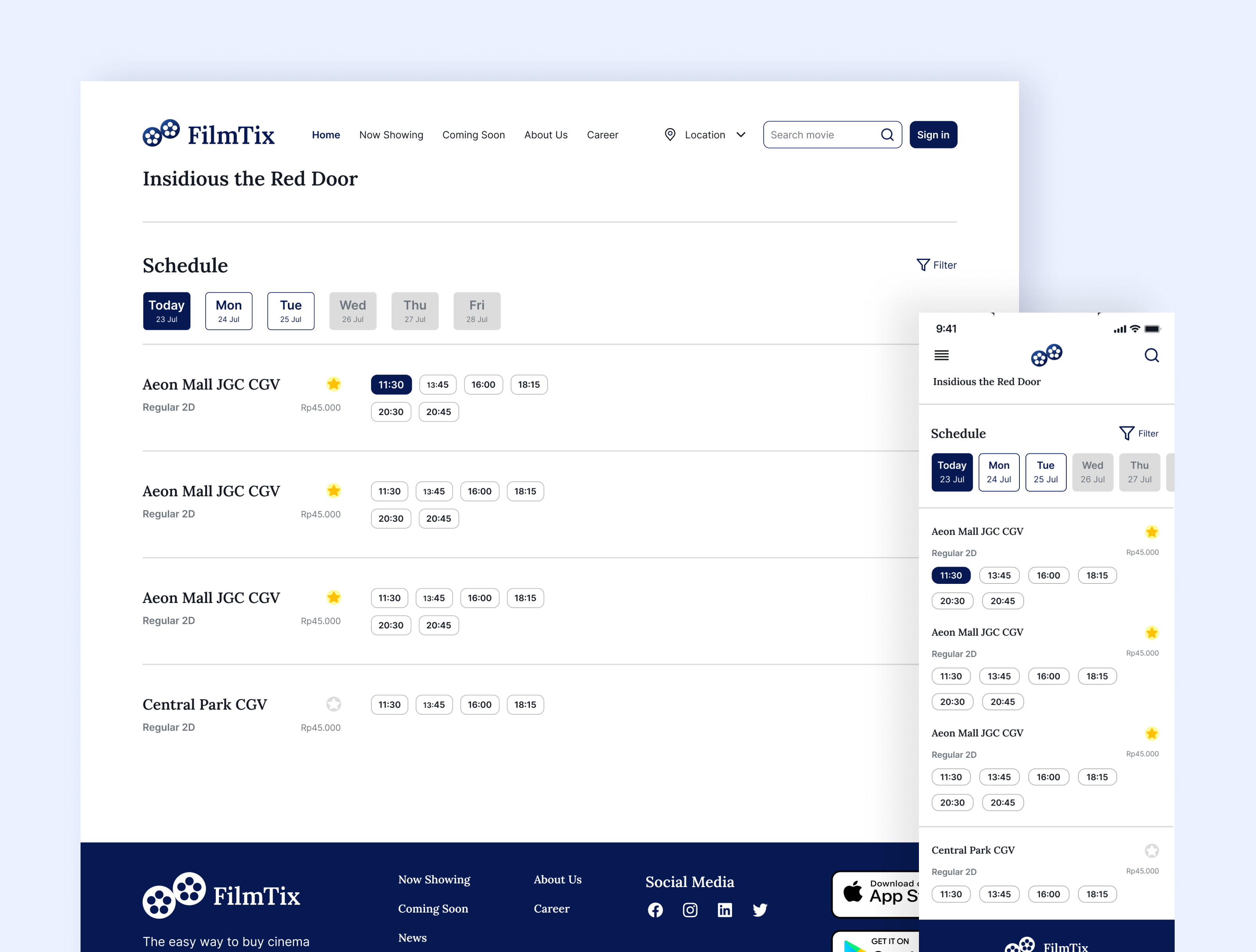 FilmTix - Responsive Website (Schedule Selection) 3d animation bioskop case study cinema desktop graphic design mobile motion graphics responsive responsive design ticket ticket online ui ui design ui ux uiux web website