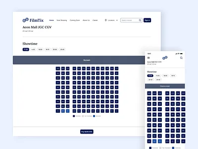 FilmTix - Responsive Website (Seats Selection) animation bioskop branding case study cinema destop graphic design mobile payment responsive responsive design schedule seat selection ticket ticket online ui ui design uiux ux design web