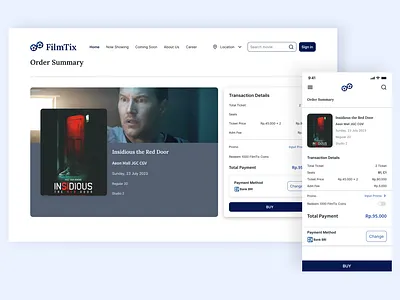 FilmTix - Responsive Website (Order Summary) app branding case study design desktiop illustration logo mobile mobile app online ticket responsive responsive web ticket ui ui design uiux uiux design ux ux design website