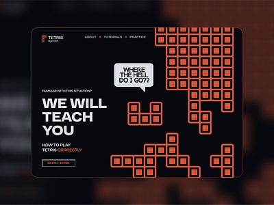 Tetris game tutorials webpage concept assets concept dark design graphic design illustration landing page minimalistic pixel retro square tetris tutorial typography ui videogame web y2k