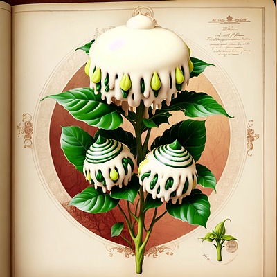 An old-fashioned botanical drawing of a fictional plant art botanical design drawing fantasy fictional flora plants