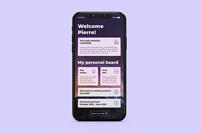 Personal coach application app board cards coach daily design figma health manage mental meteo mobile personal setup statistics test time training ui wealth