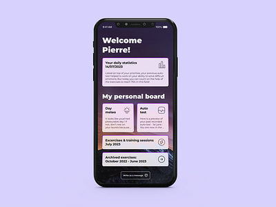 Personal coach application app board cards coach daily design figma health manage mental meteo mobile personal setup statistics test time training ui wealth