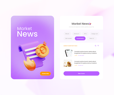 Sleek market news widget UI 3d card ui design news render ui ui card uicard uiux user interface ux widget wip