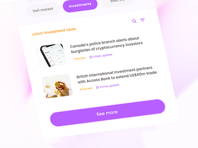 Sleek market news widget UI blockchain branding clean component components crypto design designer explore feedback hire portifolio style guuide subscribe ui ui designer uiux user interface design ux