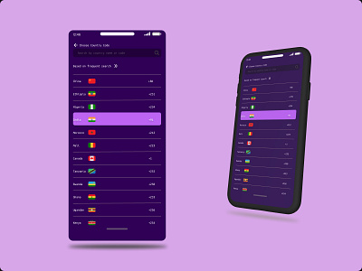 Country Codes Mobile design. app design branding color dailyui dailyuichallenge drop down list mobile app purple