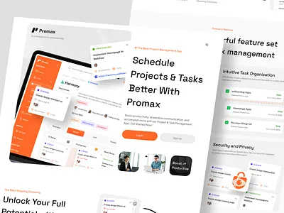 Promax - Project Management Landing Page🧩 clean jira kanban management notion planner productivity project management project management tool saas saas landing page task task management team team management to do list management ux web design website workflow