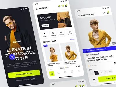 Rebell - Fashion Store App app design brand clean clothing app ecommerce fashion app fashion store fashion store app marketplace minimal mobile app online store product design shop shopping store app vibrant wear