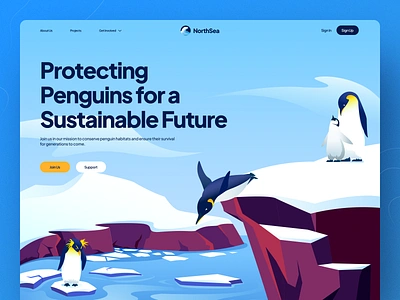 Northsea Penguin Conservation Header animal conservation design ecosystems header header illustration hero illustration illustration landing page marine nature north sea ocean penguin sea ui