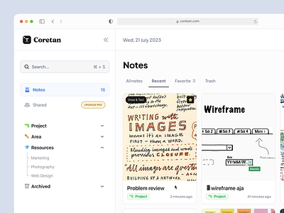 Coretan - Note Taking Web App collaborative dashboard management note note taking notes notion organizer pages para method productivity saas sketch web app website