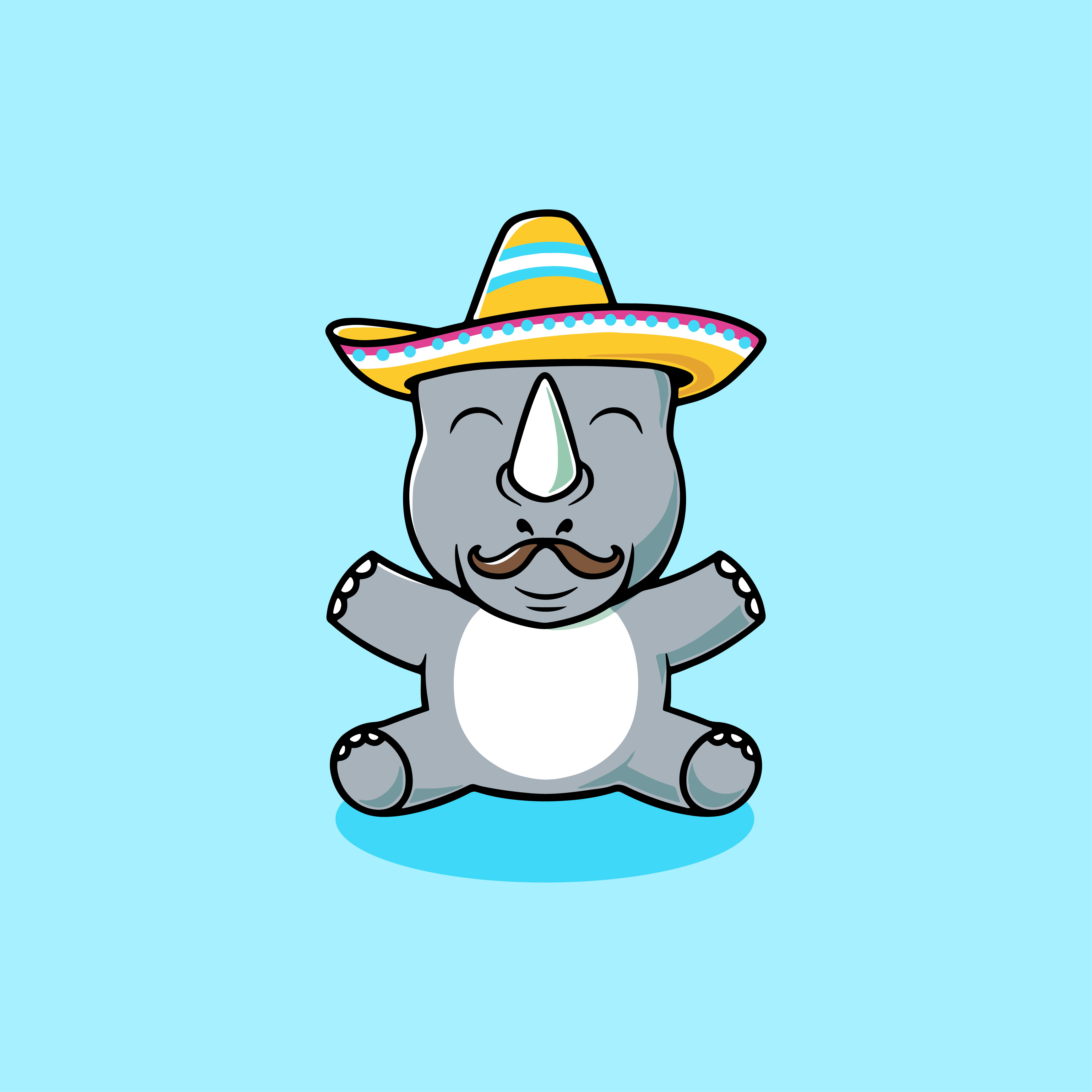 Cute rhino with mexican hat cartoon illustration colorful