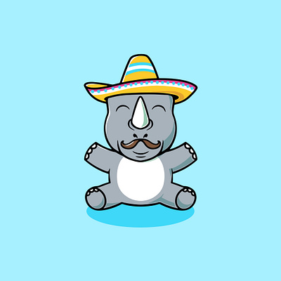 Cute rhino with mexican hat cartoon illustration colorful