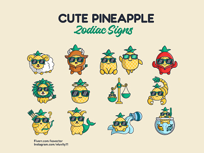 Cute Pineapple Zodiac Signs Characters animal branding cartoon cute cute animal cute cartoon cute character cute illustration design food graphic design illustration kawaii logo mascot t shirt design vector zodiac