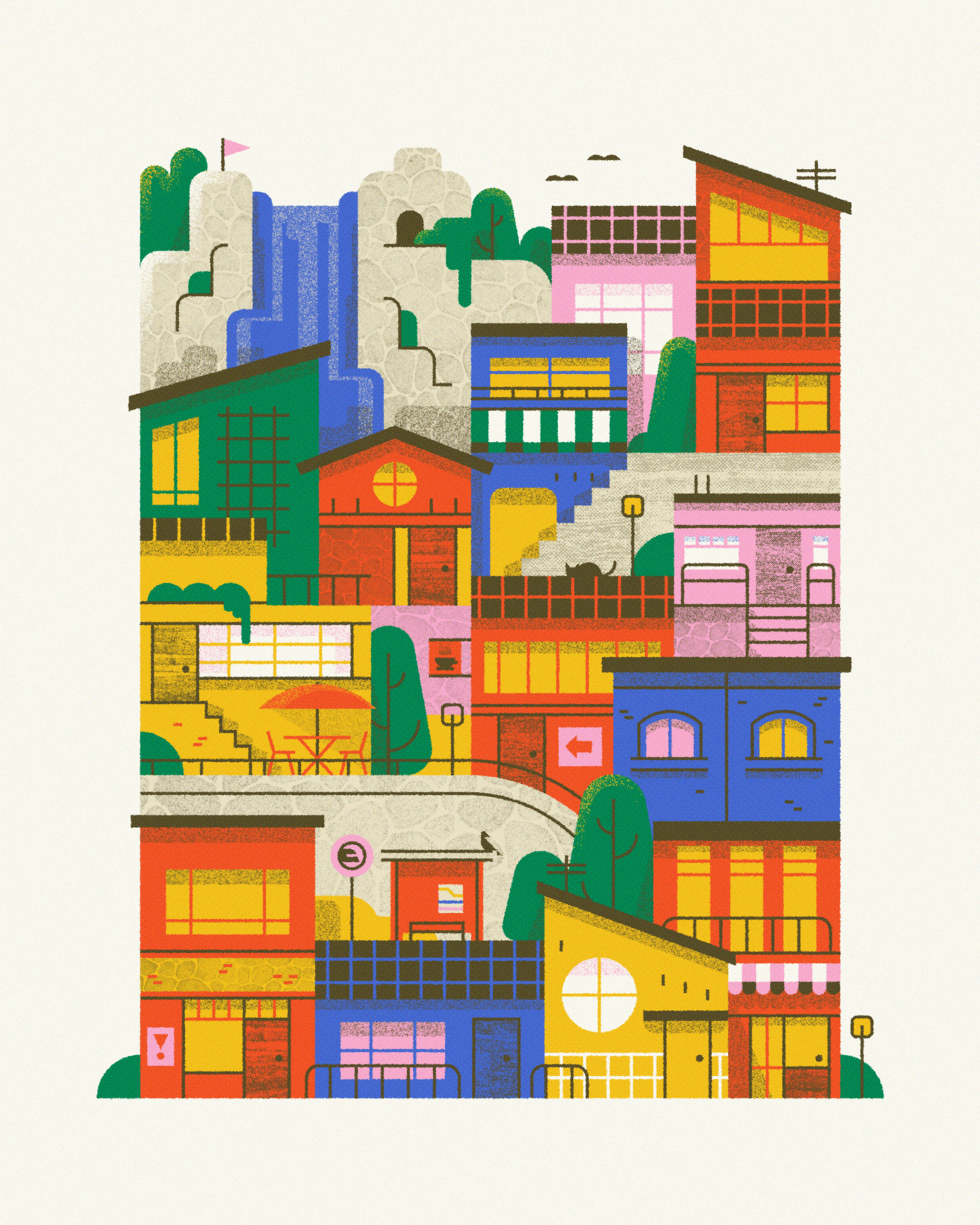 Tall Town buildings illustration town village waterfall