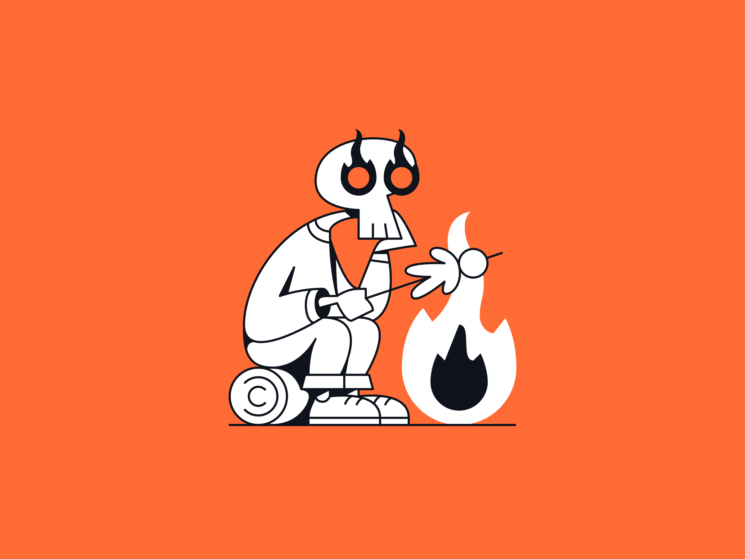 Logo of a skeleton sitting by the fire and frying tasty treats