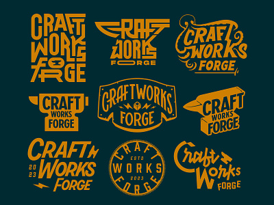 Craftworks Forge - Custom type and Badges anvil branding custom type design graphic design illustration lettering lineart lockup logo logo design logotype minimal monoline octopus works