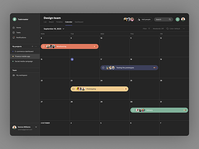 Task management app calendar dark mode dark theme dark ui interface product design project management schedule task management timeline to do ui ux web app web application