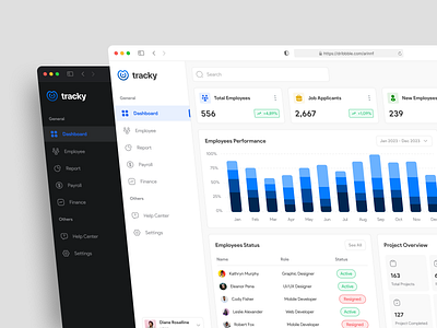 Tracky - HR Management Dashboard apple bar bar charts blue clean dark dashboard graph hr hr website human resource light mac management navigation bar panel sidebar ui design web app website