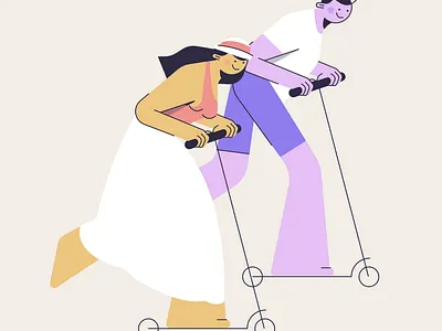 Riding a scooter together is great fun! character couple design flat free time fun girl hat illustration ride riding scooter sunnyday together ui wind