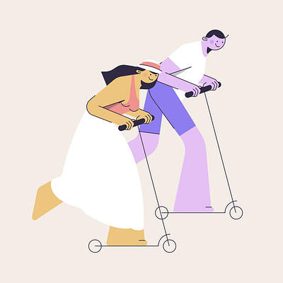 Riding a scooter together is great fun! character couple design flat free time fun girl hat illustration ride riding scooter sunnyday together ui wind