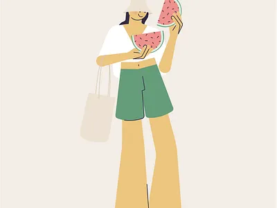 Girl with watermelons character design eat flat food free time fruit girl hat holiday illustration smile summer ui vacation vector watermelons