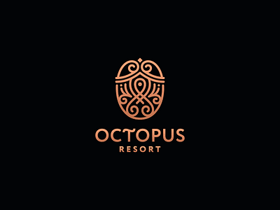 Octopus Resort beach branding bungalow design emblem graphic design icon identity illustration logo logotype mark multi component multipart octopus palm puzzle resort sea symbol