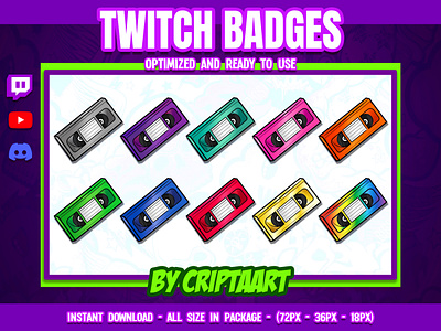 Video Cassette Sub Badges, old school, Bit Badges, video tape cheers discord emote movies music popcorn reactions youtuber retro stream retro streamer sub badges twitch subscriber video cassette vintage