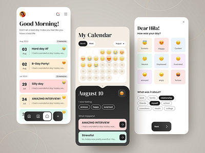 Mood Tracker IOS App 🔥 app clean concept dark app design diary emoji health ios journal memo mental health mobile mobile app mood tracker trend ui uiux