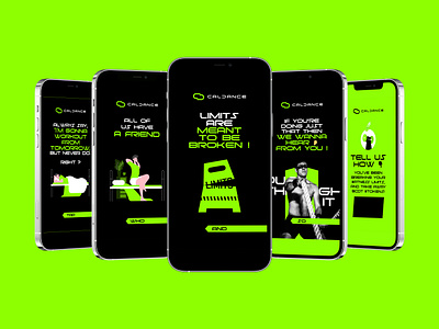 Push limits vertical ads for CalDance web3 crypto fitness brand. ad design advertisement black bold brand design branding colourful crypto design fitness futuristic graphic design green minimal social media sporty ui vector vertical web3