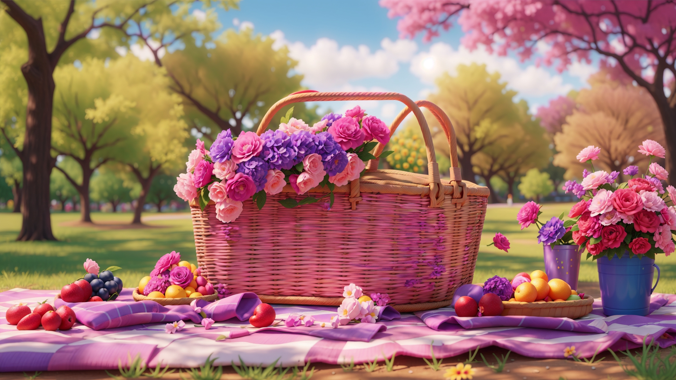 Enchanting Delights: A Pink and Purple Extravaganza 3d 3d art ai art basket cgi colorful environment floral food illustration mat nature organic picnic picnic basket pink pink and purple purple spring summer