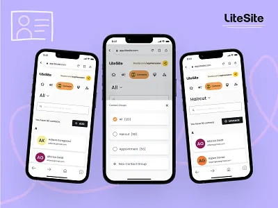 LiteSite: Contacts avatar bottom sheet client contact contact group contact list contacts crm groups list litesite manage management minimal search ui user user profile ux website