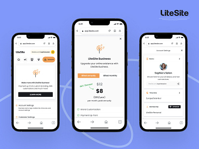 LiteSite: Account account account settings animation avatar business clean compare comparison design learn more link menu package profile settings share tab ui upgrade ux