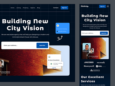 Homey - Web and Mobile UI building card city city vision consultation hero home landing page layout mobile ui realestate search typography ui uiux web design web ui