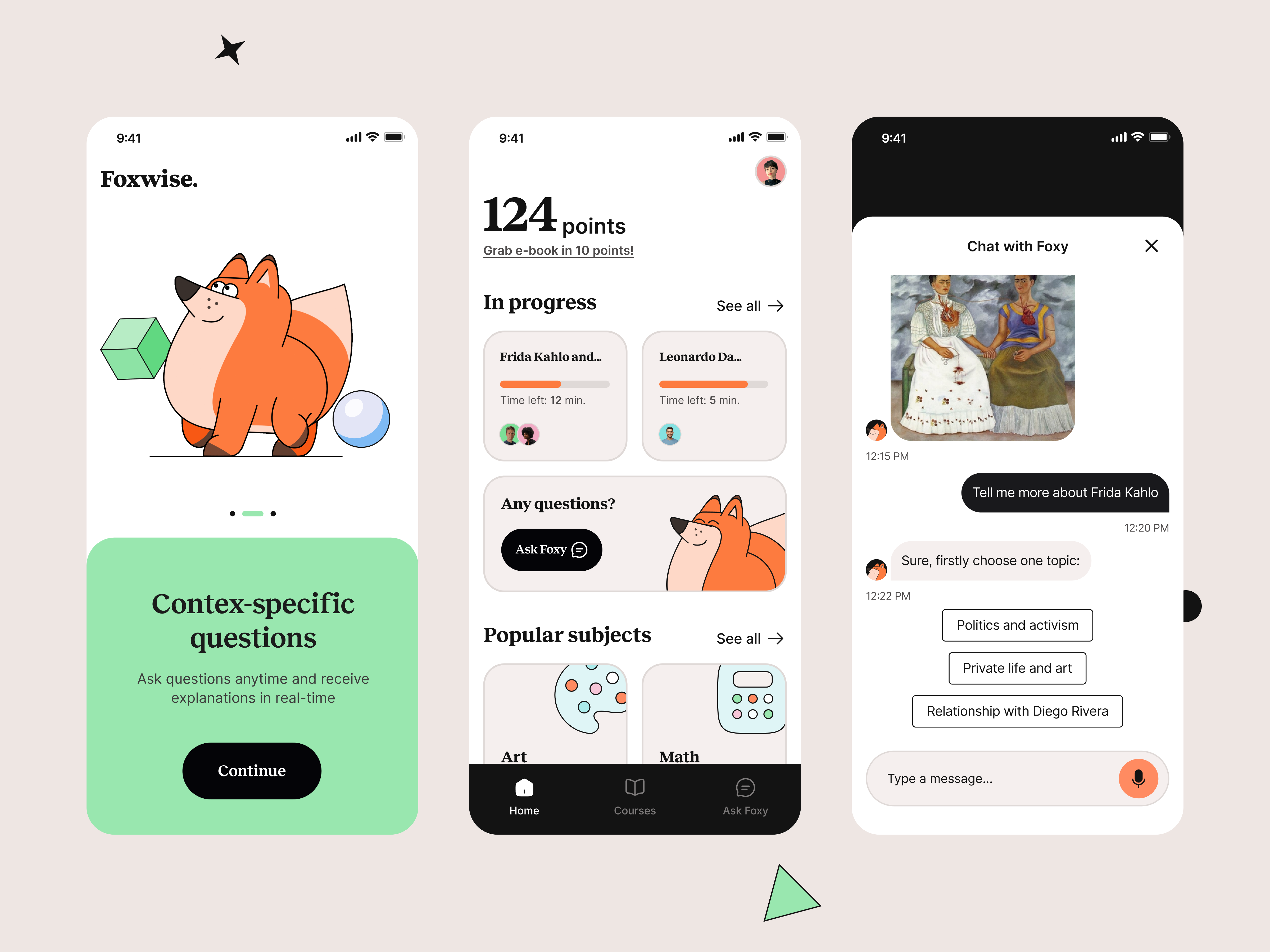 Foxwise 🦊 AI-powered virtual tutor - concept mobile app ai focused product design ai integration ai interface animaton concept design design portfolio education edutech generative ai illustration mobile app motion design product design user experience design