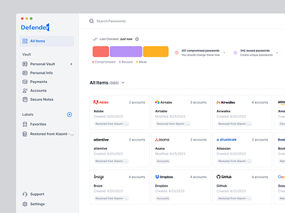 Defender - Password Manager Dashboard Webapp Saas checker dashboard interaction design interface manager minimal password password generator password manager password sharing password storage passwordless login product design saas ui design user experiance user interface uxui webapp website