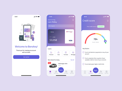 Fintech mobile app - Finance/Banking app chart credit credit cards credit score design finance financial app fintech gradient home page interface loan mobile app mobile banking money payments purple ui ui ux welcome screen