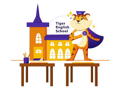 Mascot for English School. Tiger animal brand character branding bright castel character design classroom zone cute design illustration kids mascot photoshop school tiger