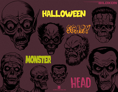 Halloween Monster Head Vector Pack retro