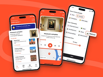 Audio travel guide 🎧 app audio audio guide map moji museum orange picker player tags travel travel app travel guide ui