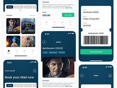 Booking Ticket Mobile App airline app boarding pass booking booking ticket branding cinema concept design film inspiration ios mobile modern movie simple ticket ticket film ui watch